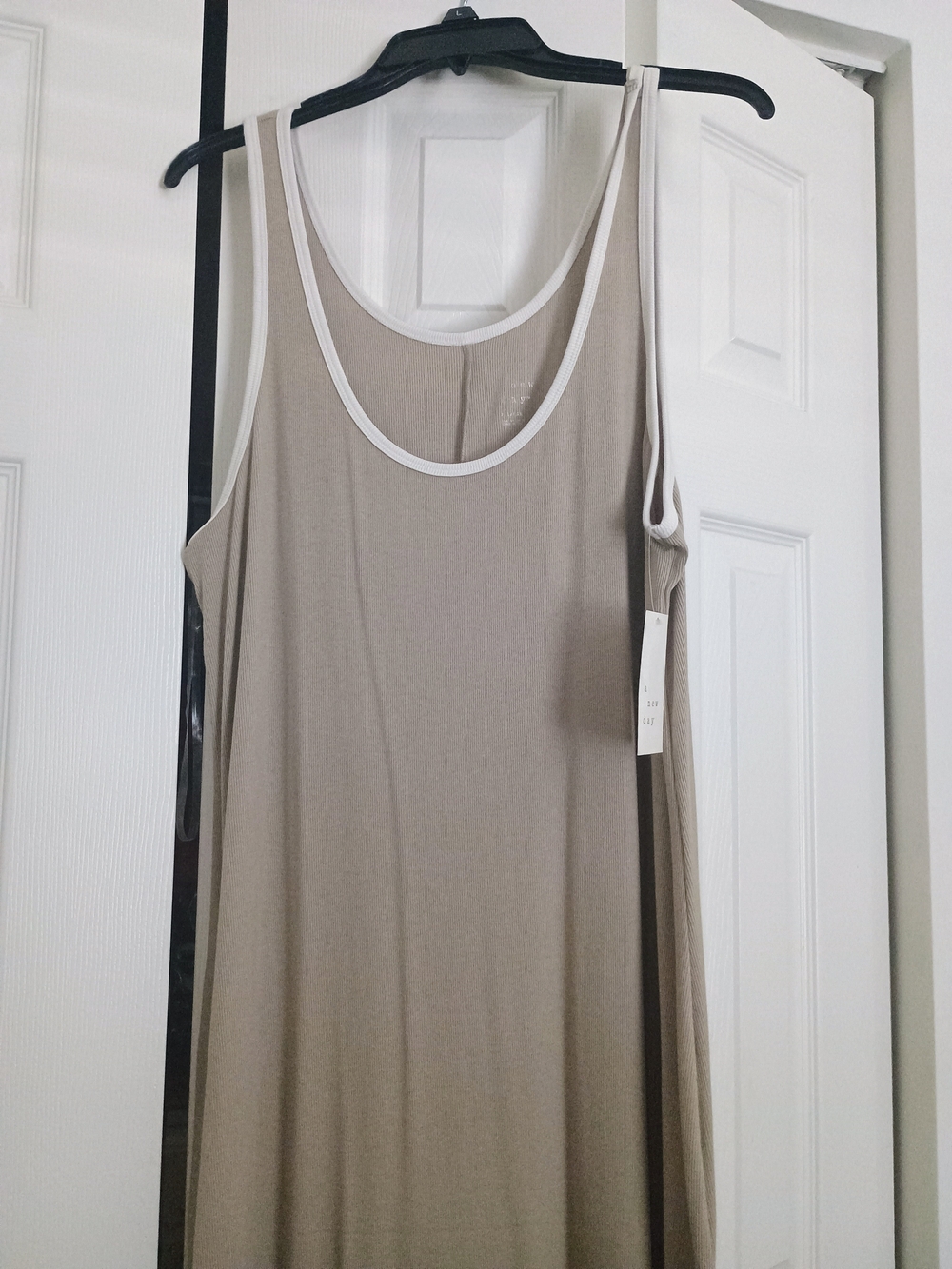 a new day Taupe Tank Top with White Trim